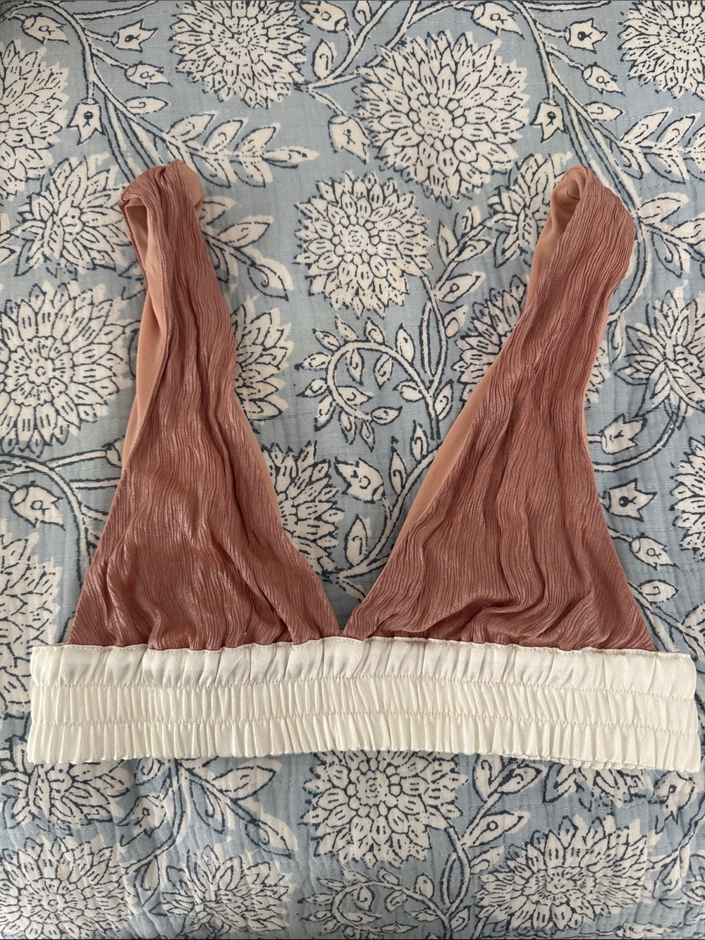 Smocked Band Plunge Bralette and Pants Set- Dusty Rose & White